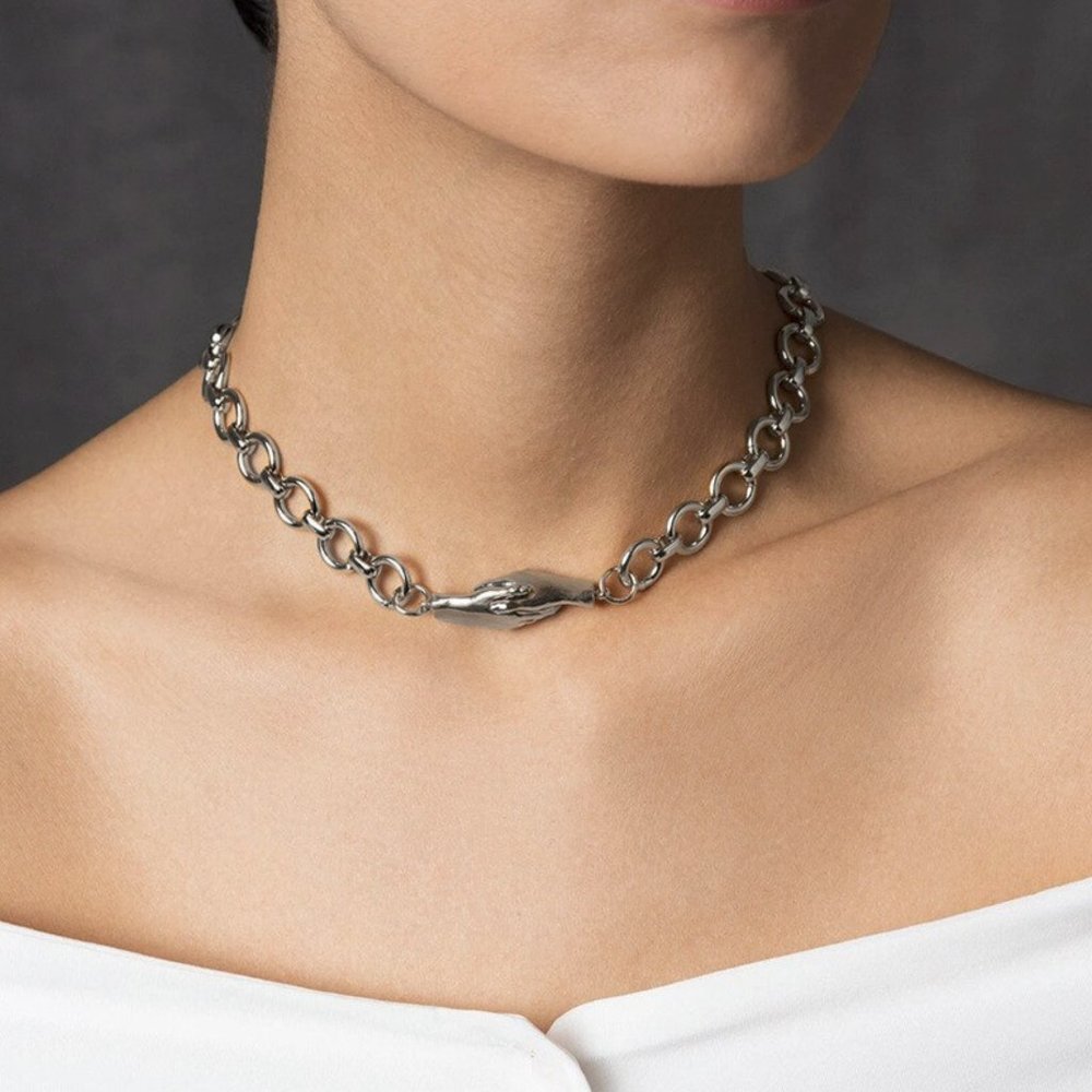 Silver Magnetic Holding Hands Chain Chocker Necklace Best Friends - Picture 2 of 5